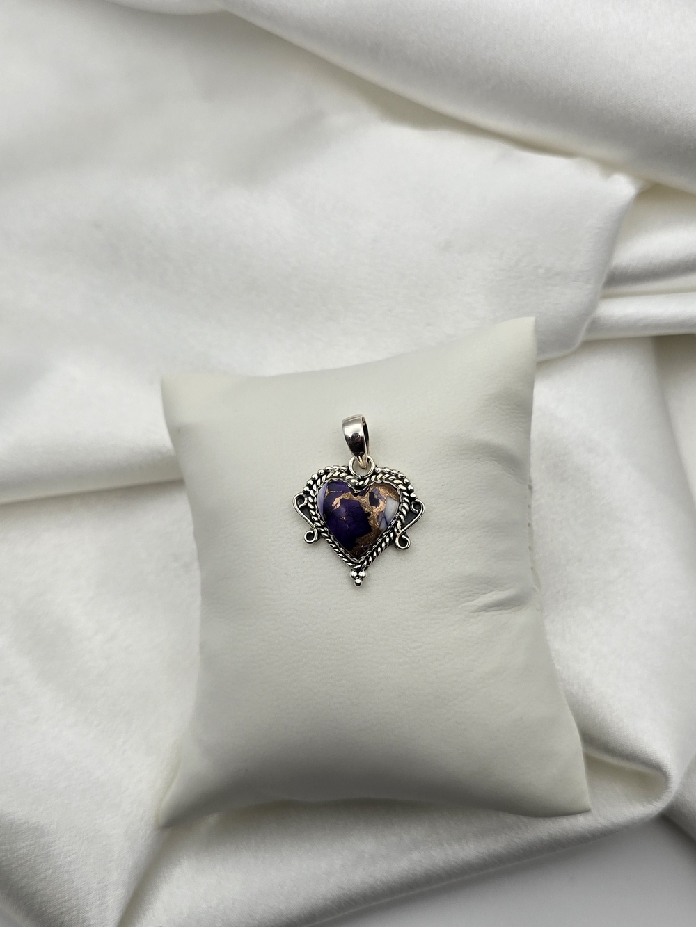 Sterling Silver 925 Heart-Shaped Purple Dahlia Gemstone Pendant
